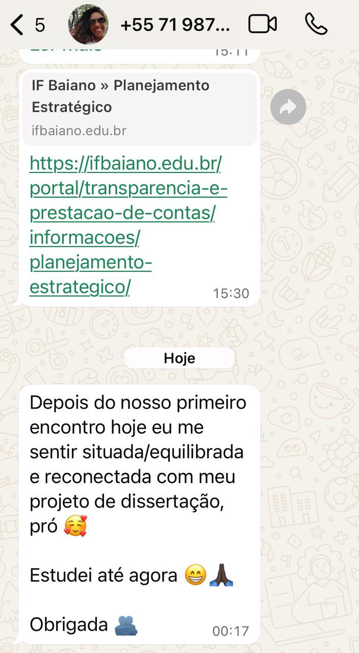 Print WhatsApp da aluna do IF Baiano depois da primeira sessão