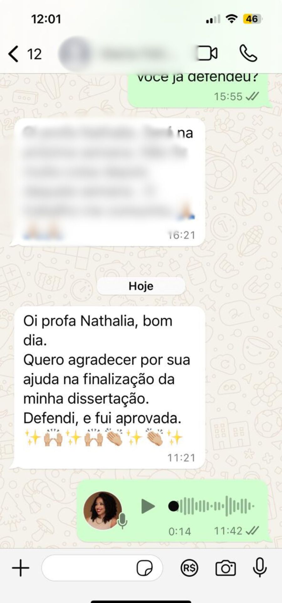 Print WhatsApp de aluna avisando que defendeu a dissertação e foi aprovada