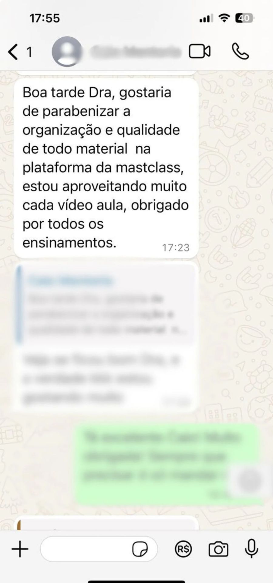 Print WhatsApp de aluno elogiando a qualidade da masterclass