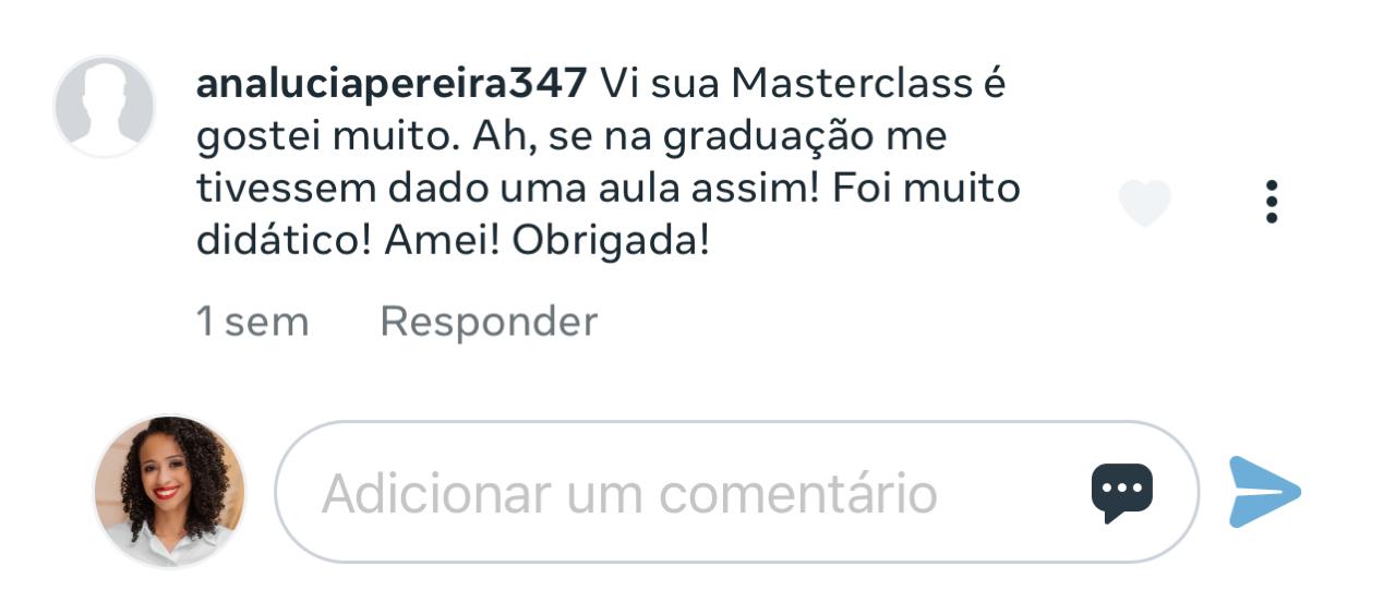 Comentário da aluna analucia no Instagram sobre a masterclass